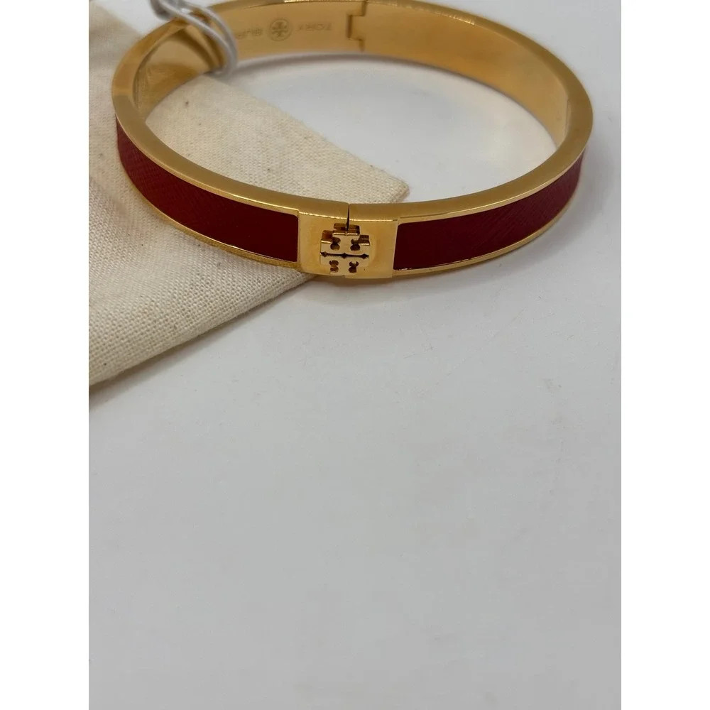 Tory Burch Slim Red Leather Inlay Cuff Bangle Bracelet Gold Tone 145435 New